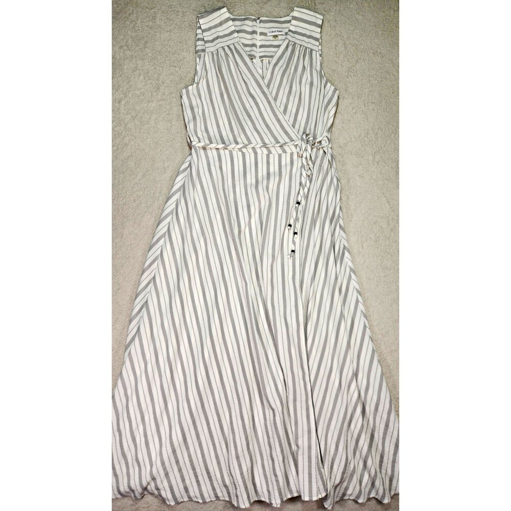 Calvin Klein Womens Size 14 Striped Faux Wrap Maxi Dress Sleeveless Grey White
